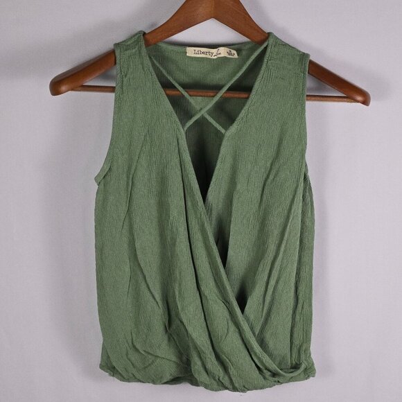 Liberty Love Womens Medium Green Rayon Sleeveless Wrap Blouse Crisscross Front - Picture 1 of 8